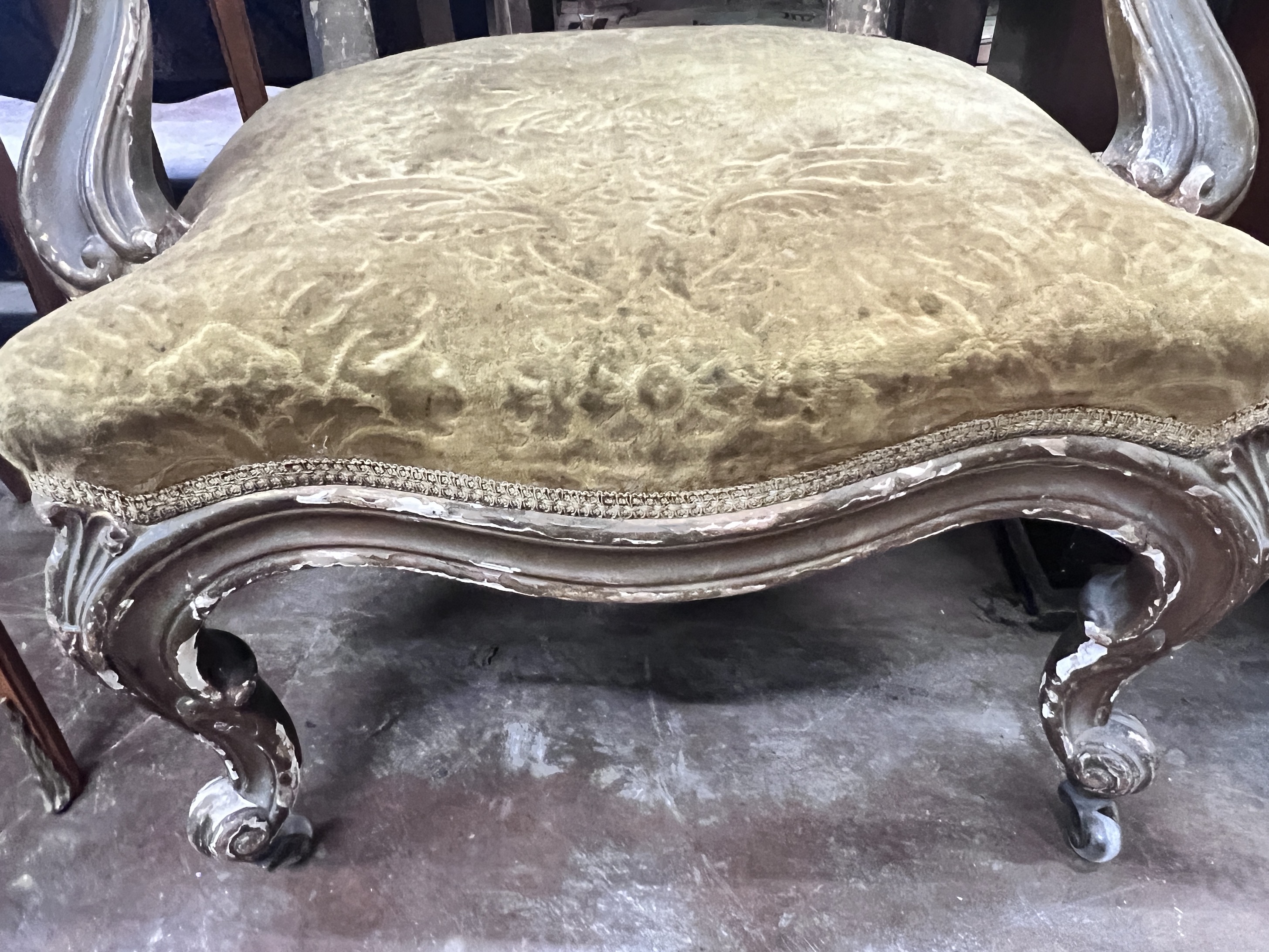 A Victorian carved giltwood and composition tapestry back open armchair, width 54cm, depth 56cm, height 108cm